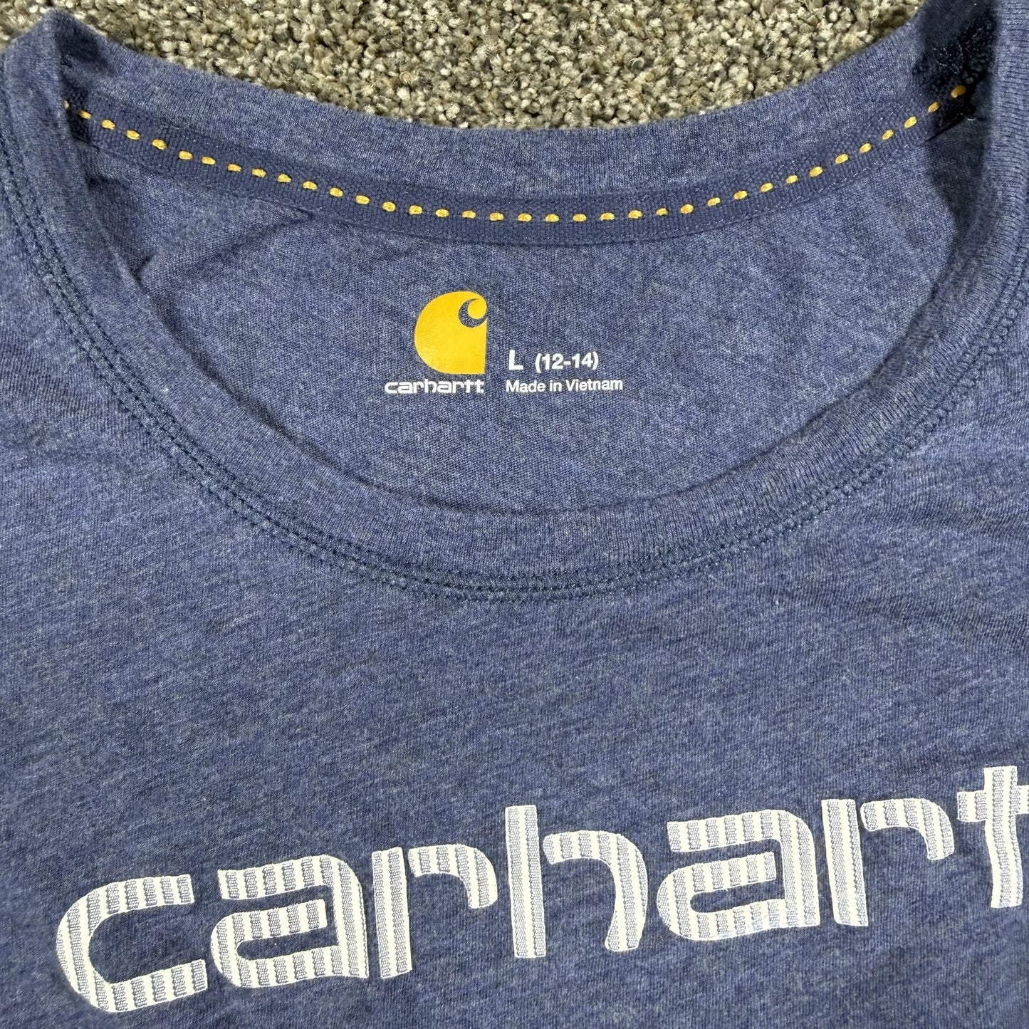 Carhartt Womens T-Shirt Size L 12-14 Heather Blue Short Sleeve Logo Tee Cotton