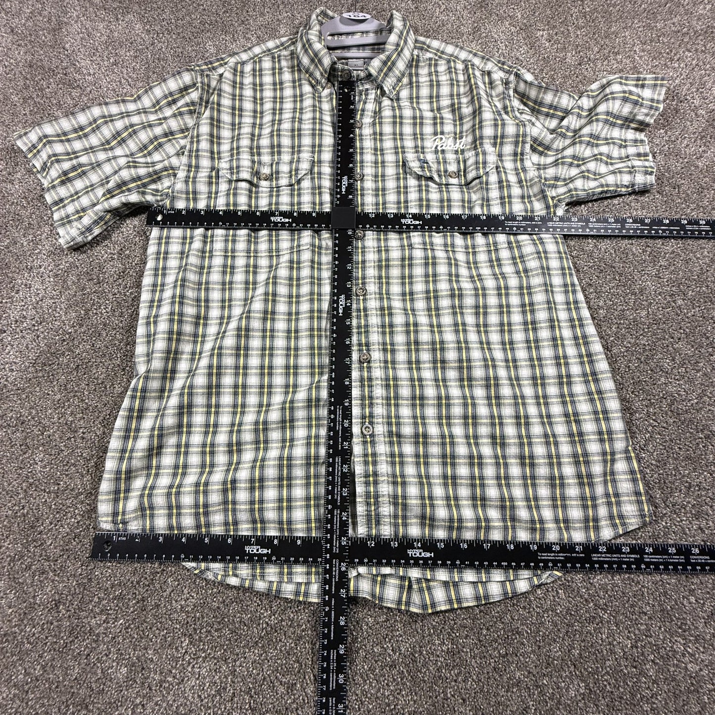 Carhartt Mens XL Short Sleeve Button Down Shirt Pabst PBR Logo Plaid Cotton