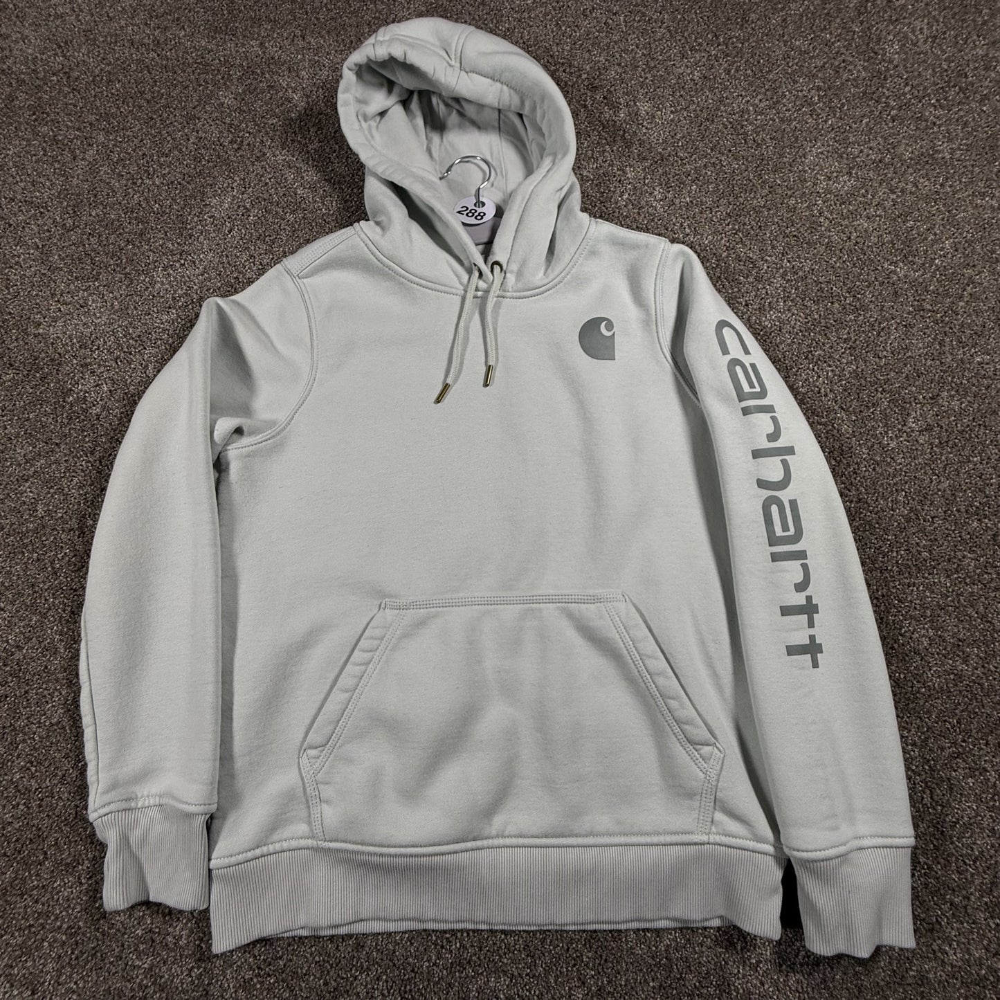 Carhartt Womens Hoodie M 8-10 Relaxed Fit Light Blue Gray Spellout Light Stains