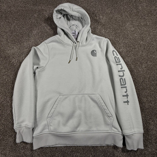 Carhartt Womens Hoodie M 8-10 Relaxed Fit Light Blue Gray Spellout Light Stains
