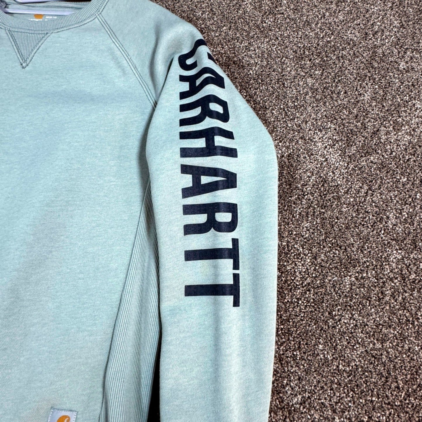 Carhartt Womens Sweatshirt Size M 8-10 Light Green Pullover Spellout Crewneck