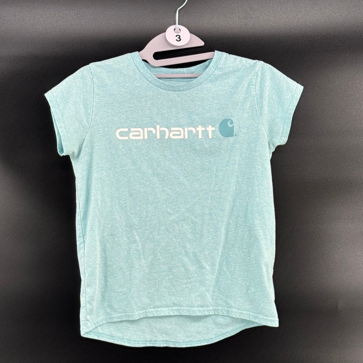 Carhartt Girls Size L 12 T-Shirt  Light Blue/Green Short Sleeve Graphic Logo Tee