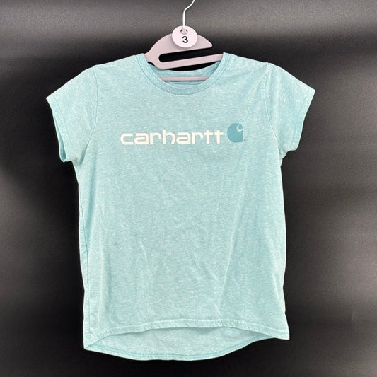 Carhartt Girls Size L 12 T-Shirt  Light Blue/Green Short Sleeve Graphic Logo Tee
