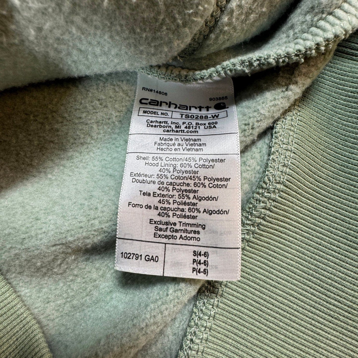 Carhartt Womens Hoodie Sweatshirt S 4-6 Green Relaxed Fit Clarksburg Spellout
