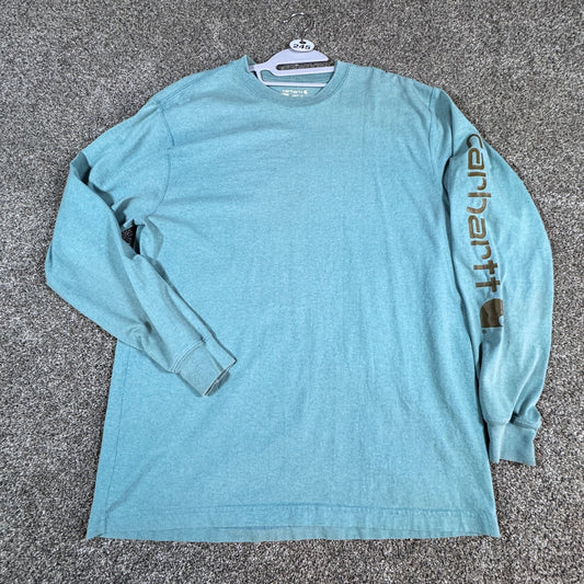 Carhartt Mens Long Sleeve T-Shirt M Loose Fit Teal Logo Work Shirt Spellout