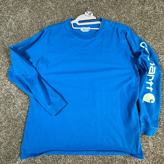 Carhartt Womens Long Sleeve T-Shirt Size L 12-14 Blue Graphic Logo Loose Fit