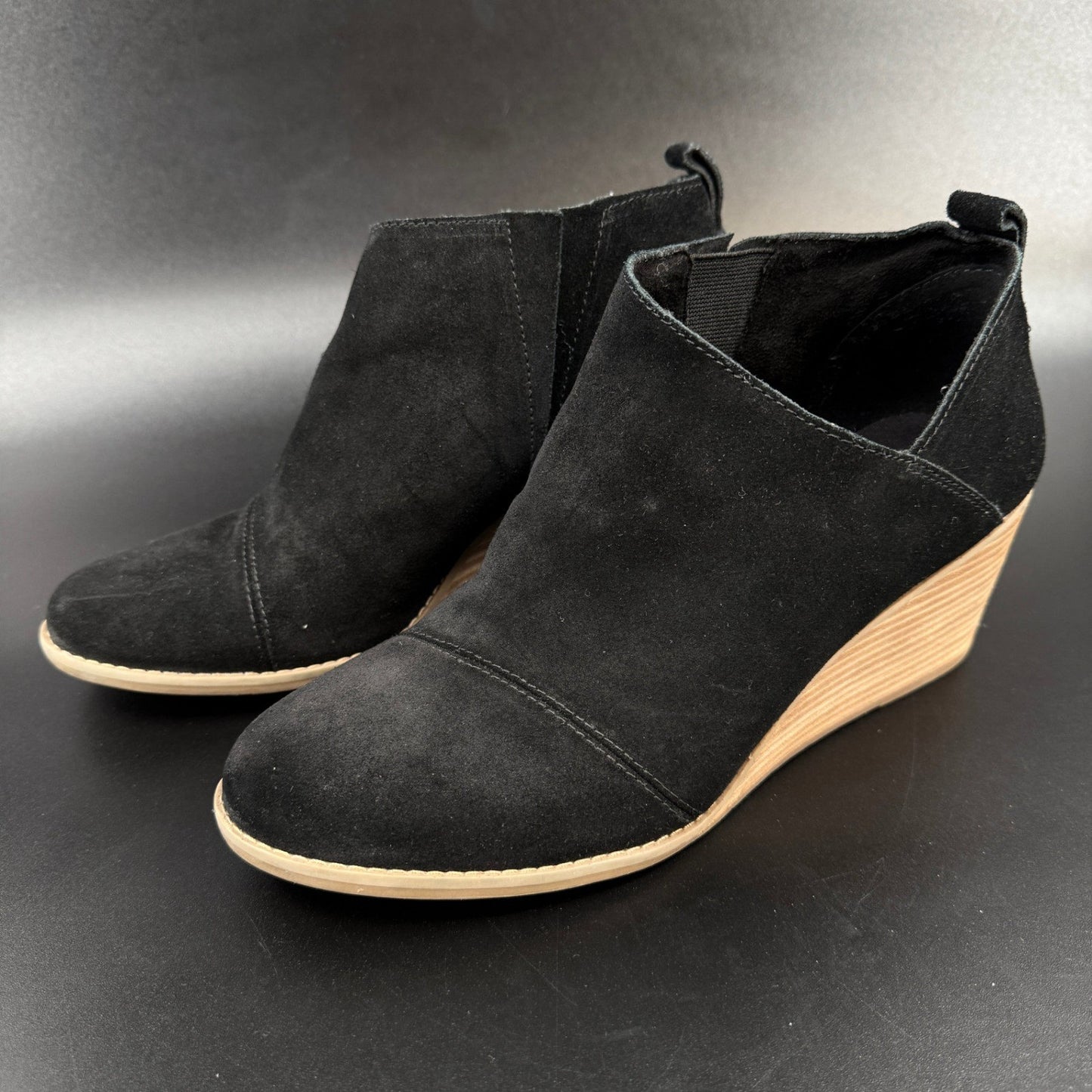 TOMS Womens Marta Wedge Ankle Boots Size 10 Black Suede Slip On Booties Shoes
