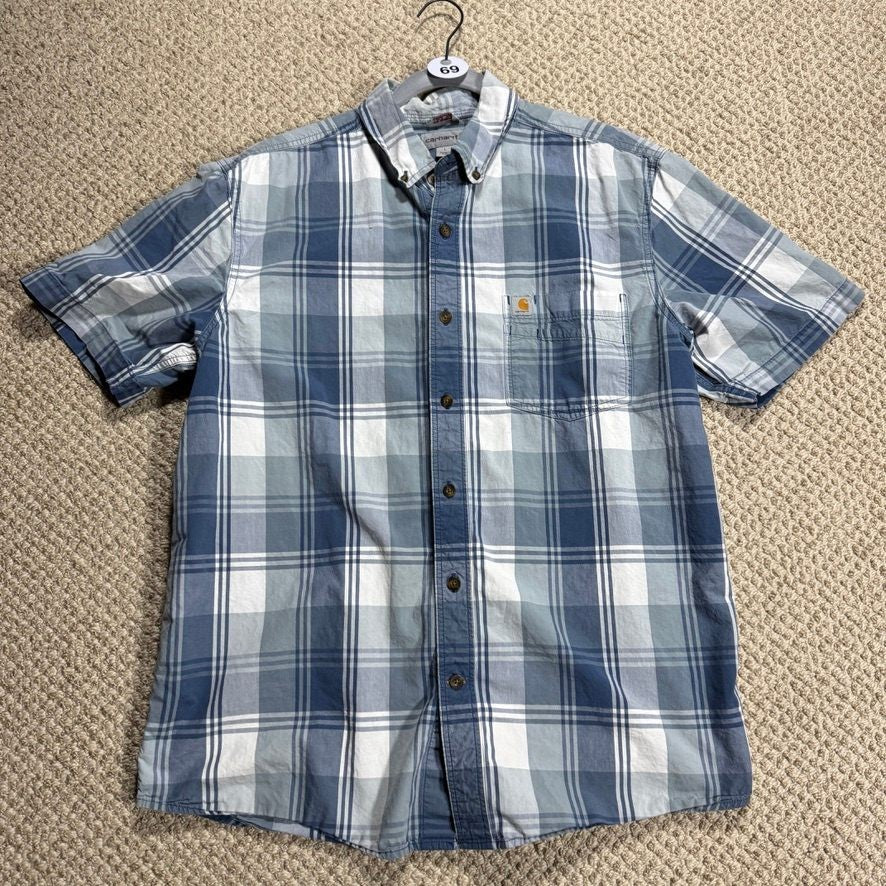 Carhartt Mens Short Sleeve Button Down Shirt L Blue White Plaid Workwear w/Flaws