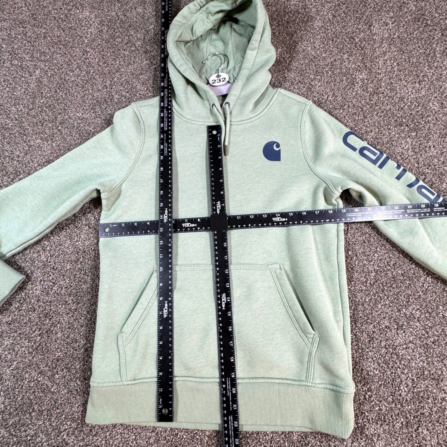 Carhartt Womens Hoodie Sweatshirt S 4-6 Green Relaxed Fit Clarksburg Spellout