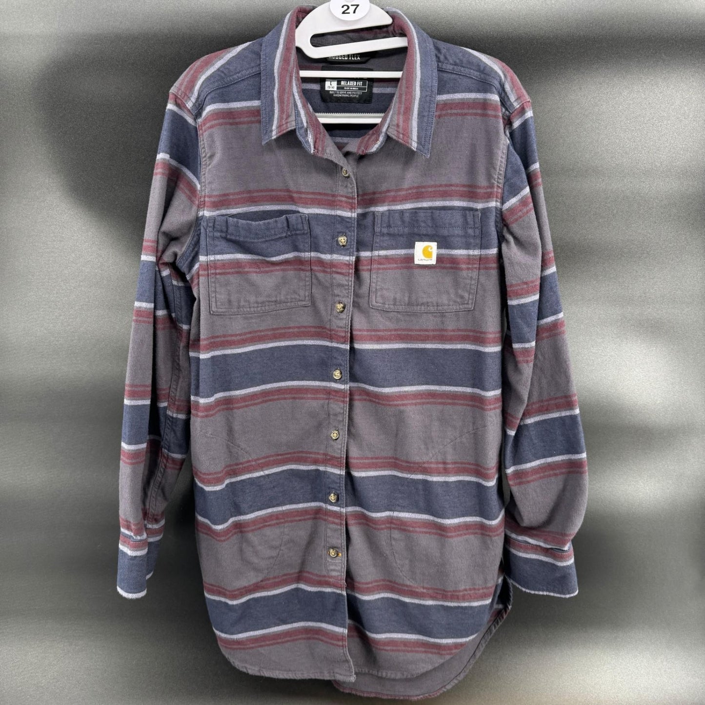 Carhartt Womens L Rugged Flex Flannel Shirt Striped Relaxed Fit Gray Blue Burg
