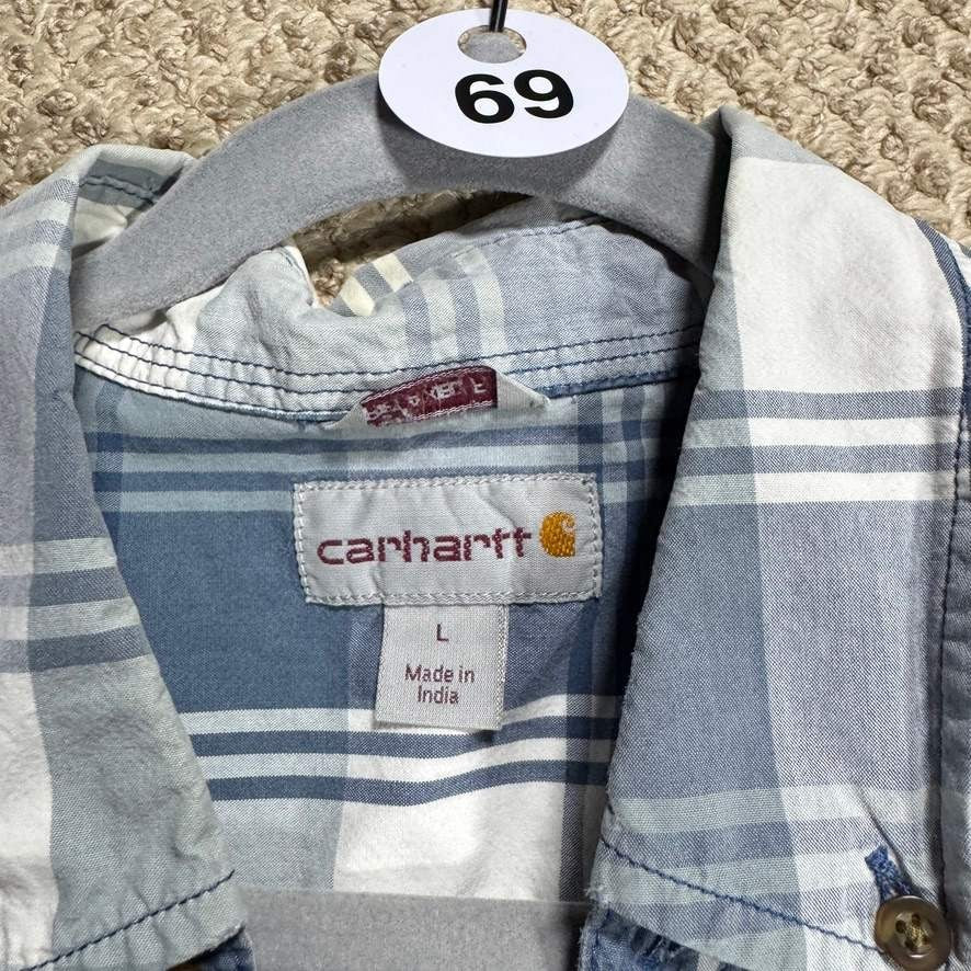 Carhartt Mens Short Sleeve Button Down Shirt L Blue White Plaid Workwear w/Flaws