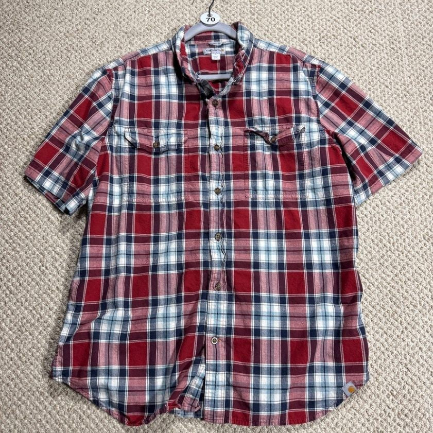 Carhartt Mens Relaxed Fit Plaid Button Up Shirt XL Red Blue Short Sleeve