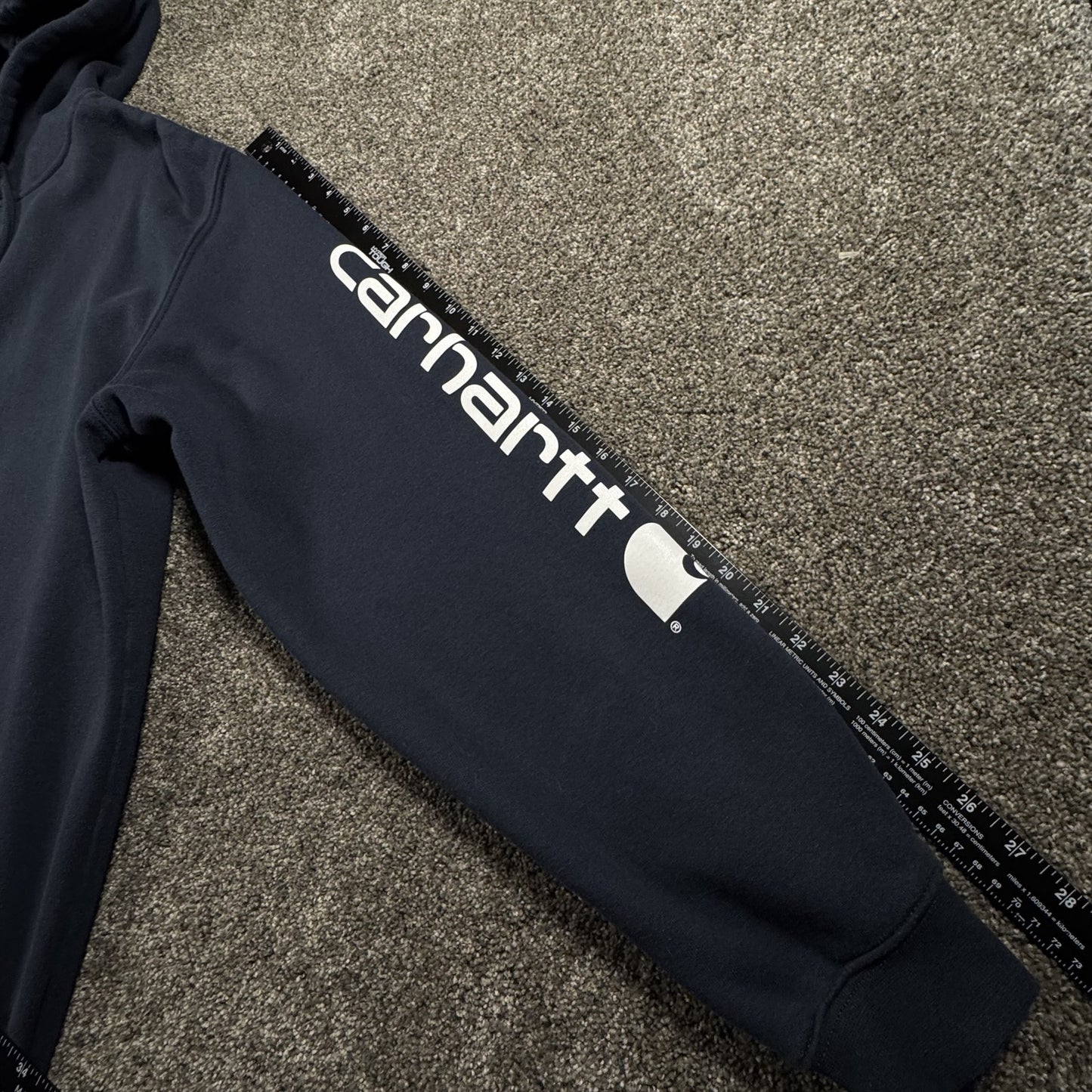 Carhartt Mens Hoodie Pullover L Tall Loose Fit Navy Spellout Sweatshirt