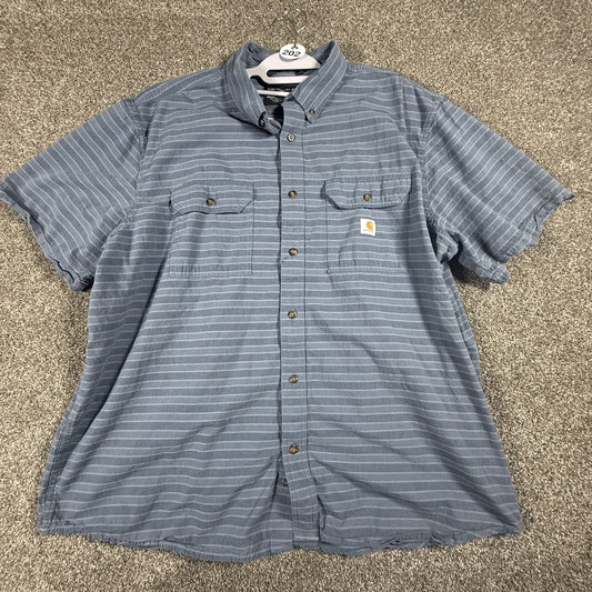 Carhartt Mens Short Sleeve Button Up Shirt 2XL Blue Gray Striped Loose Fit