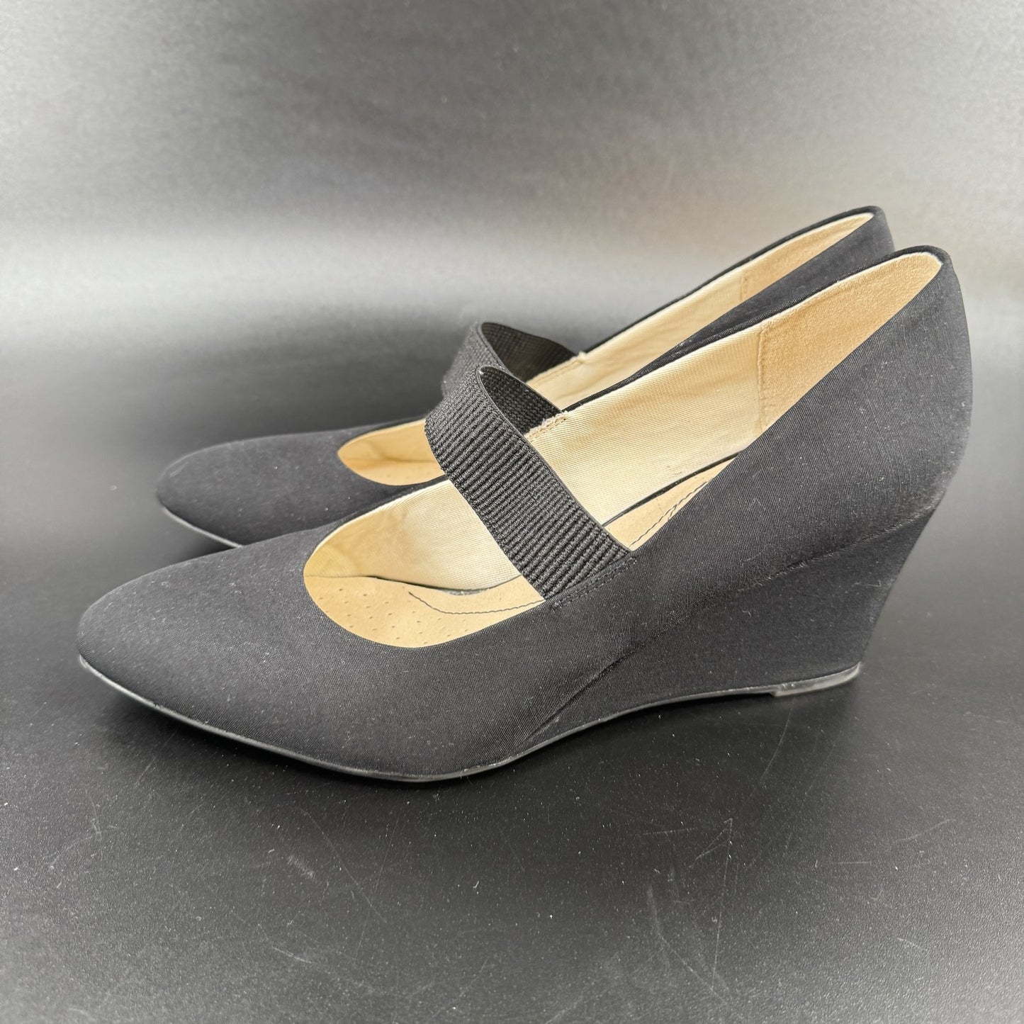 LifeStride Womens Mary Jane Wedges 10M Black Brushed Fabric Strap Pointed Toe