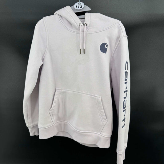 Carhartt Womens Hoodie Sweatshirt S Purple Clarksburg Spellout Stained