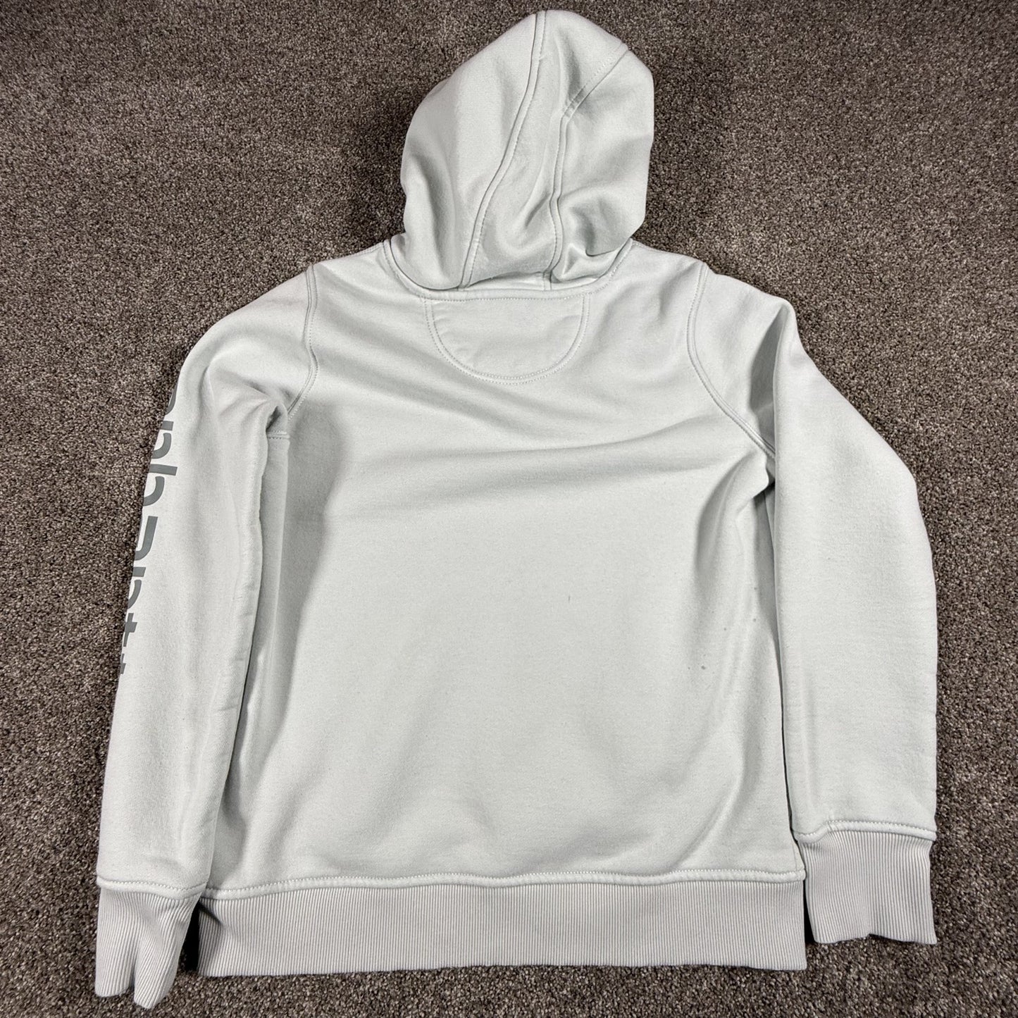 Carhartt Womens Hoodie M 8-10 Relaxed Fit Light Blue Gray Spellout Light Stains