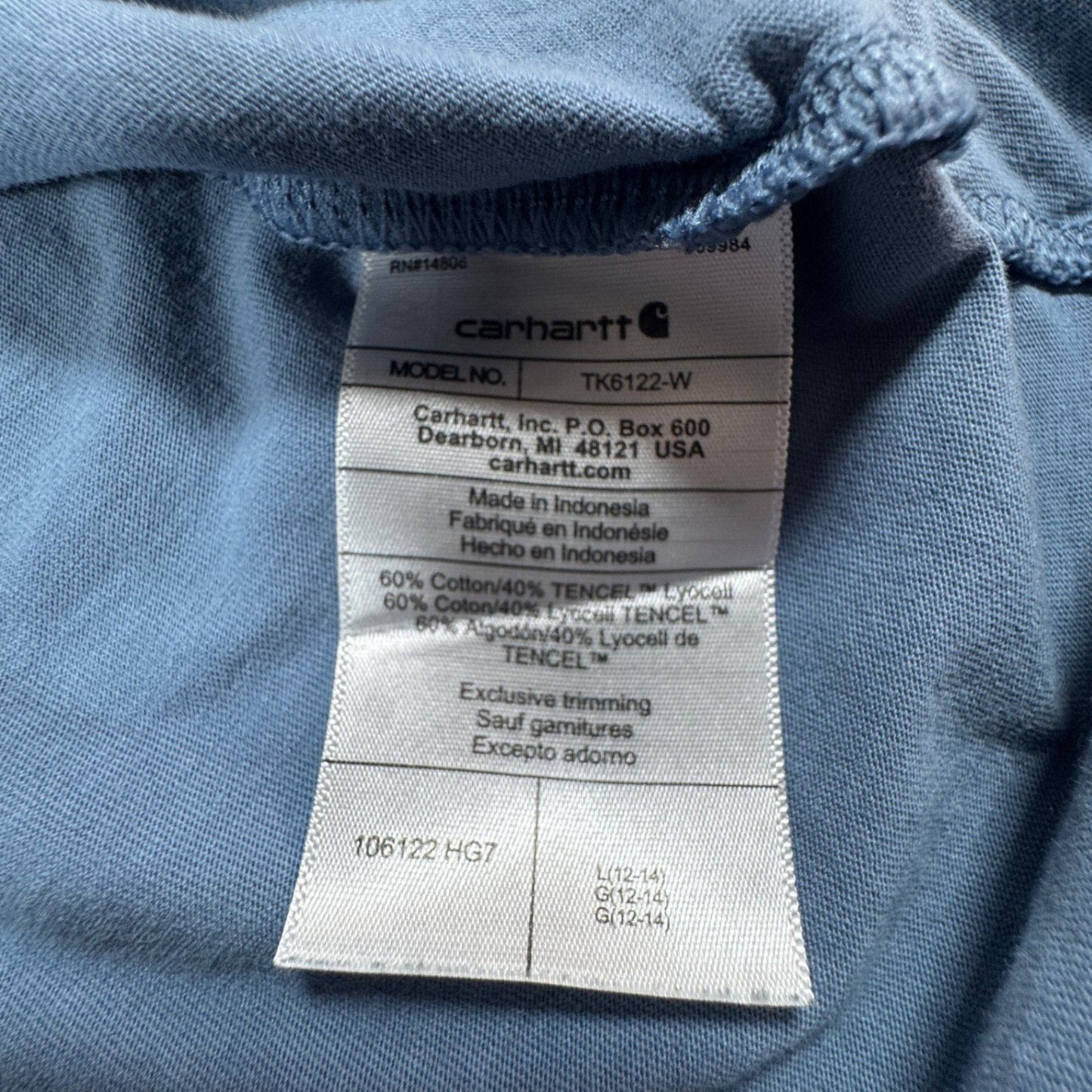 Carhartt Womens T-Shirt Size L 12-14 Blue Loose Fit Short Sleeve Pocket Tee