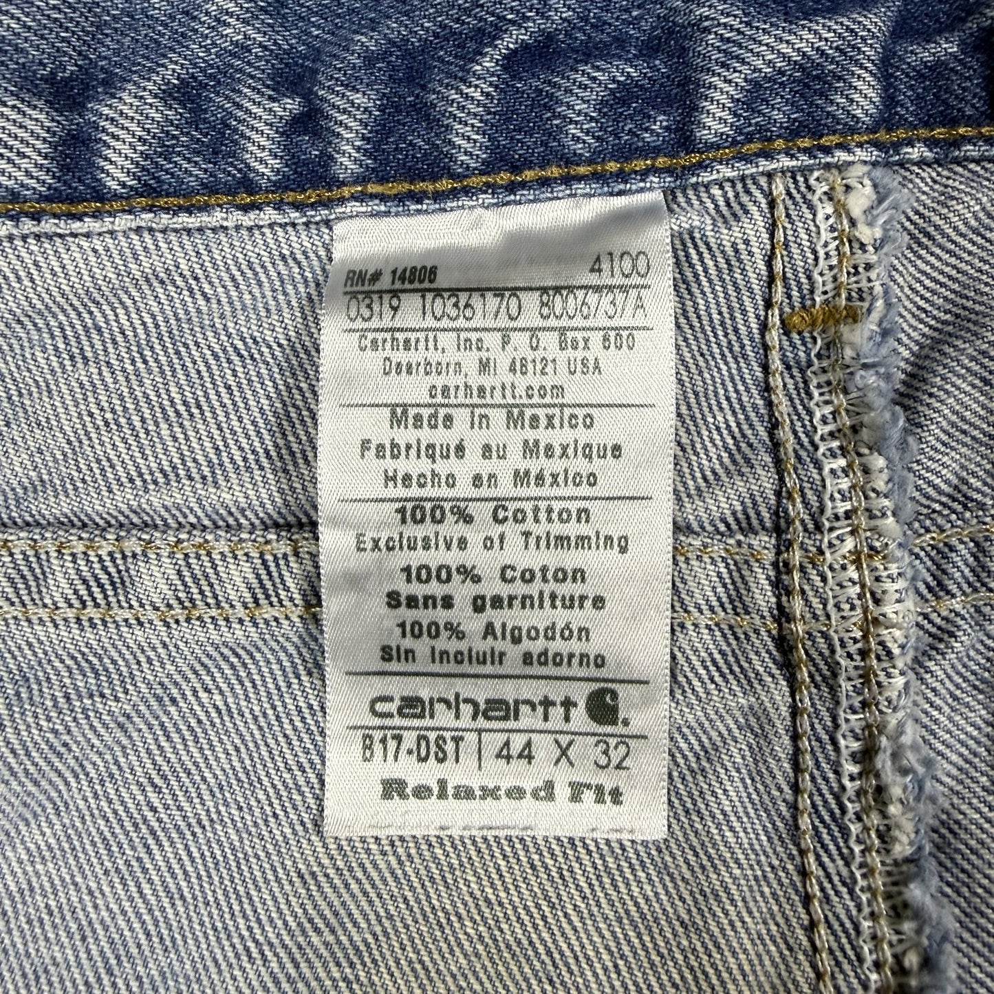 Carhartt Mens Jeans 44x32 B17 Light Blue Wash Relaxed Fit Leather Patch