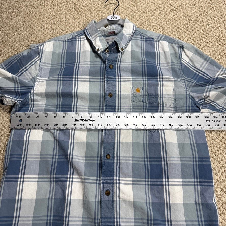 Carhartt Mens Short Sleeve Button Down Shirt L Blue White Plaid Workwear w/Flaws