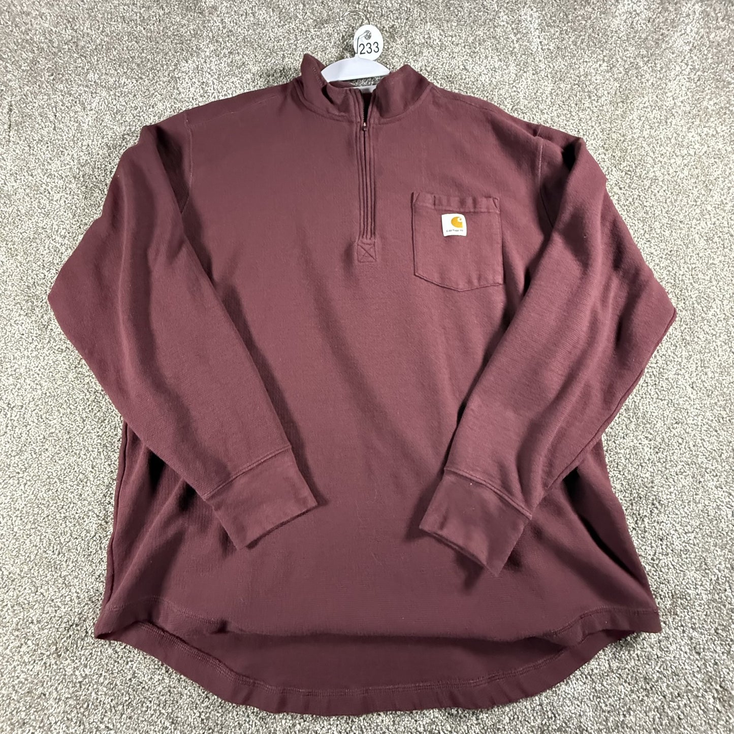Carhartt Mens Quarter Zip Pullover Shirt 2XL Maroon Relaxed Fit Long Sleeve