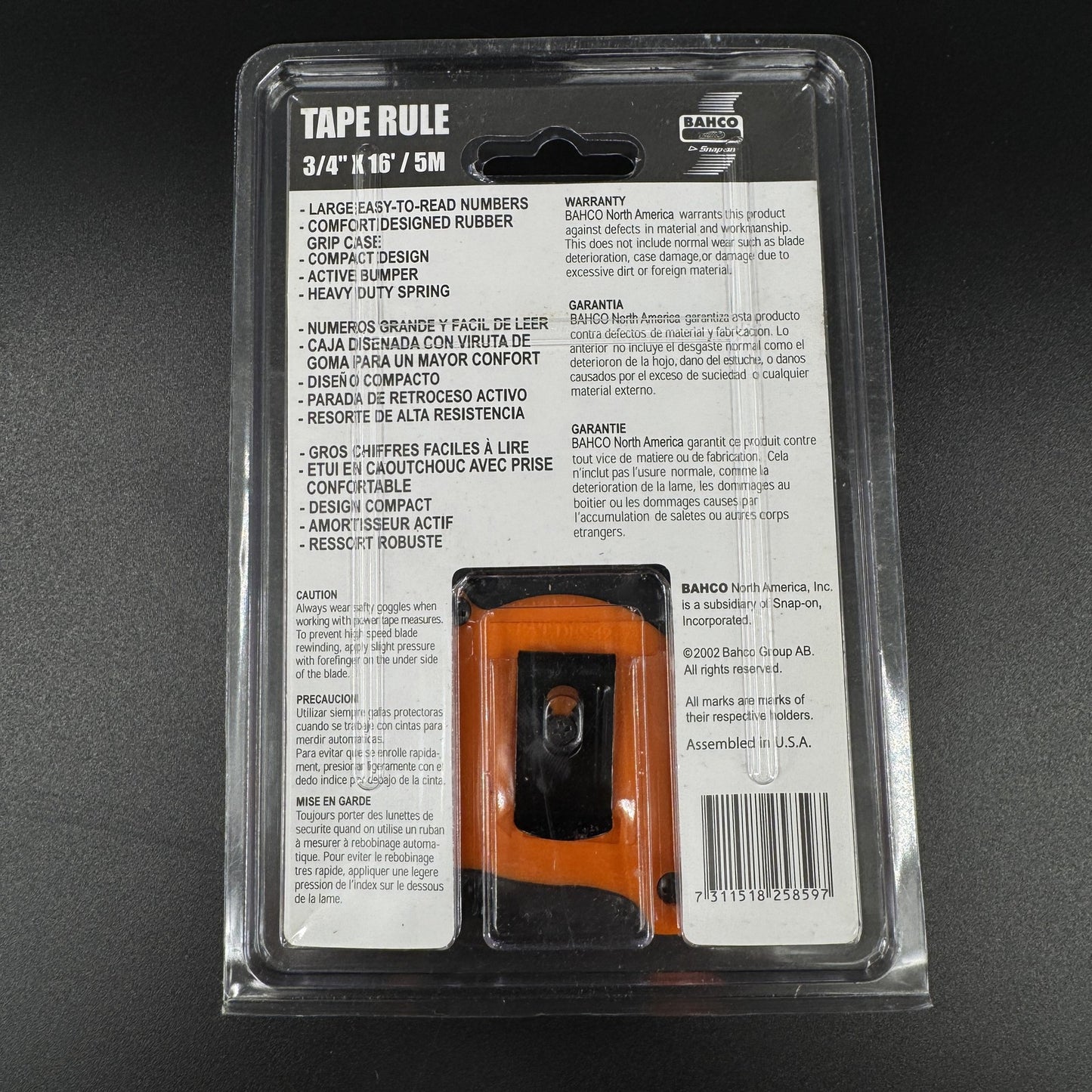 Bahco Snap-on Tape Measure 850003 16 ft 5M Inch/Metric Rubber Grip Made In USA
