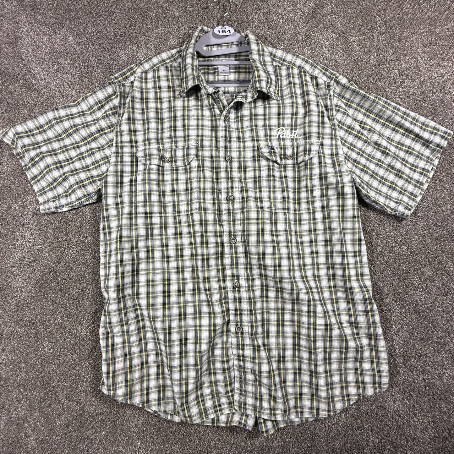 Carhartt Mens XL Short Sleeve Button Down Shirt Pabst PBR Logo Plaid Cotton