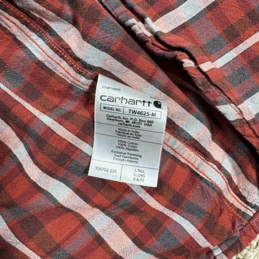 Carhartt Mens Button Up Shirt L Tall Red Plaid Short Sleeve Cotton Work