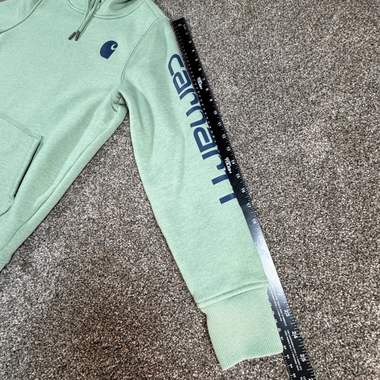 Carhartt Womens Hoodie Sweatshirt S 4-6 Green Relaxed Fit Clarksburg Spellout