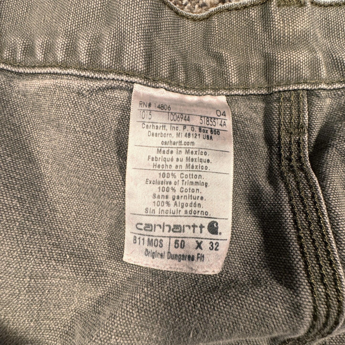 Carhartt Mens Carpenter Work Pants 50x32 Green B11 Moss Dungaree Fit Cotton