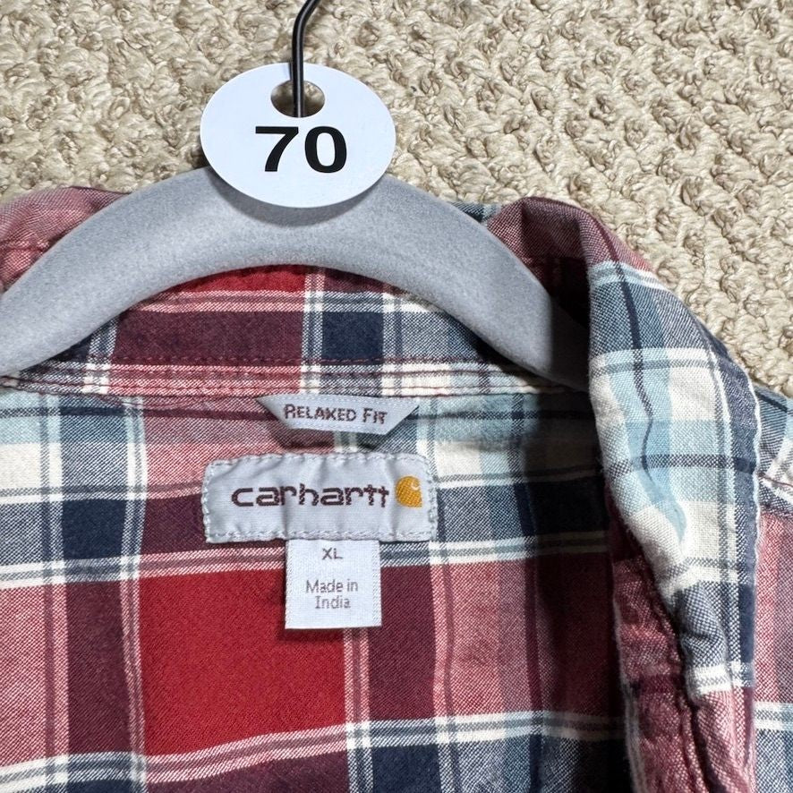 Carhartt Mens Relaxed Fit Plaid Button Up Shirt XL Red Blue Short Sleeve