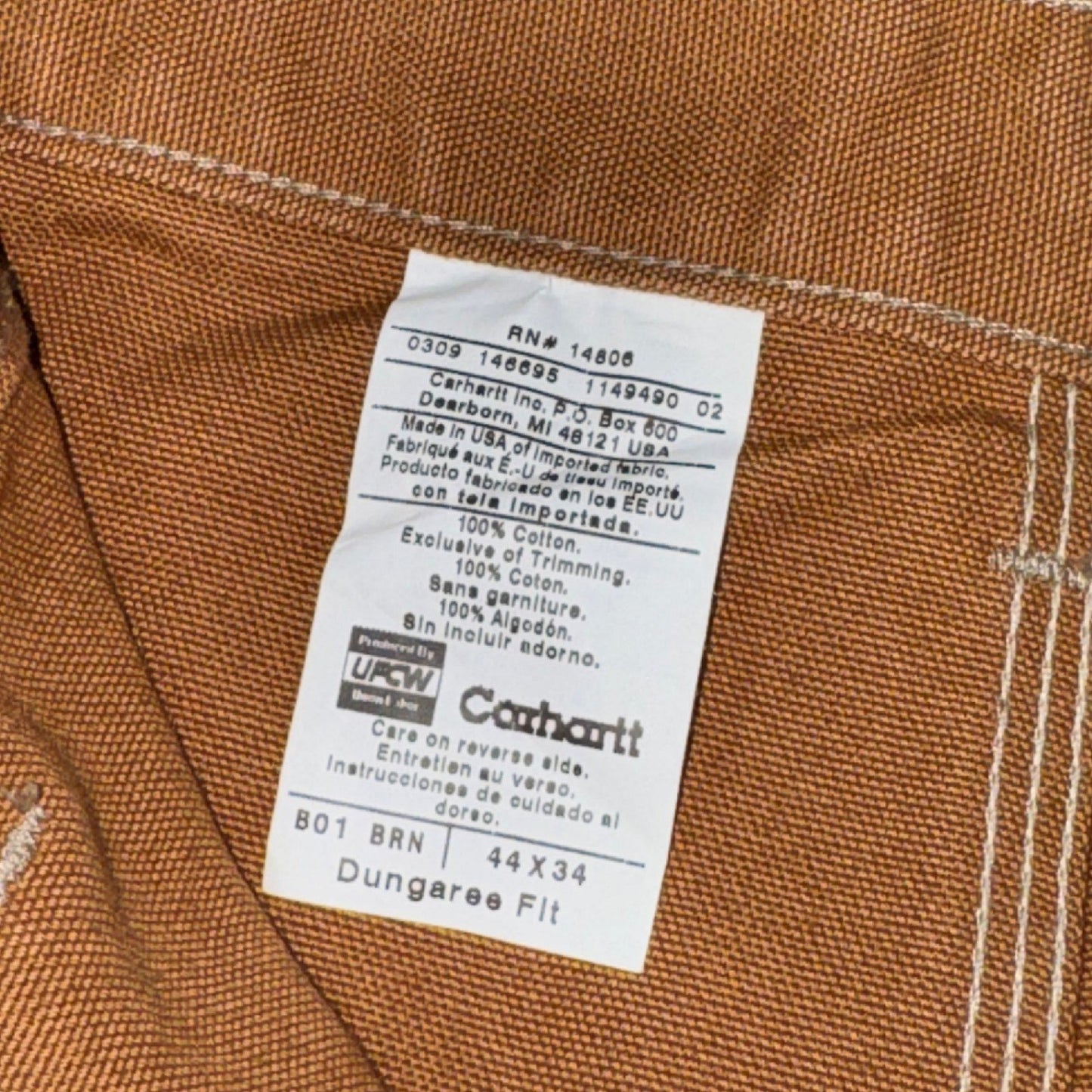 Carhartt Mens B01 Double Knee Work Pants Dungaree Fit 44x34 Brown Cotton Duck