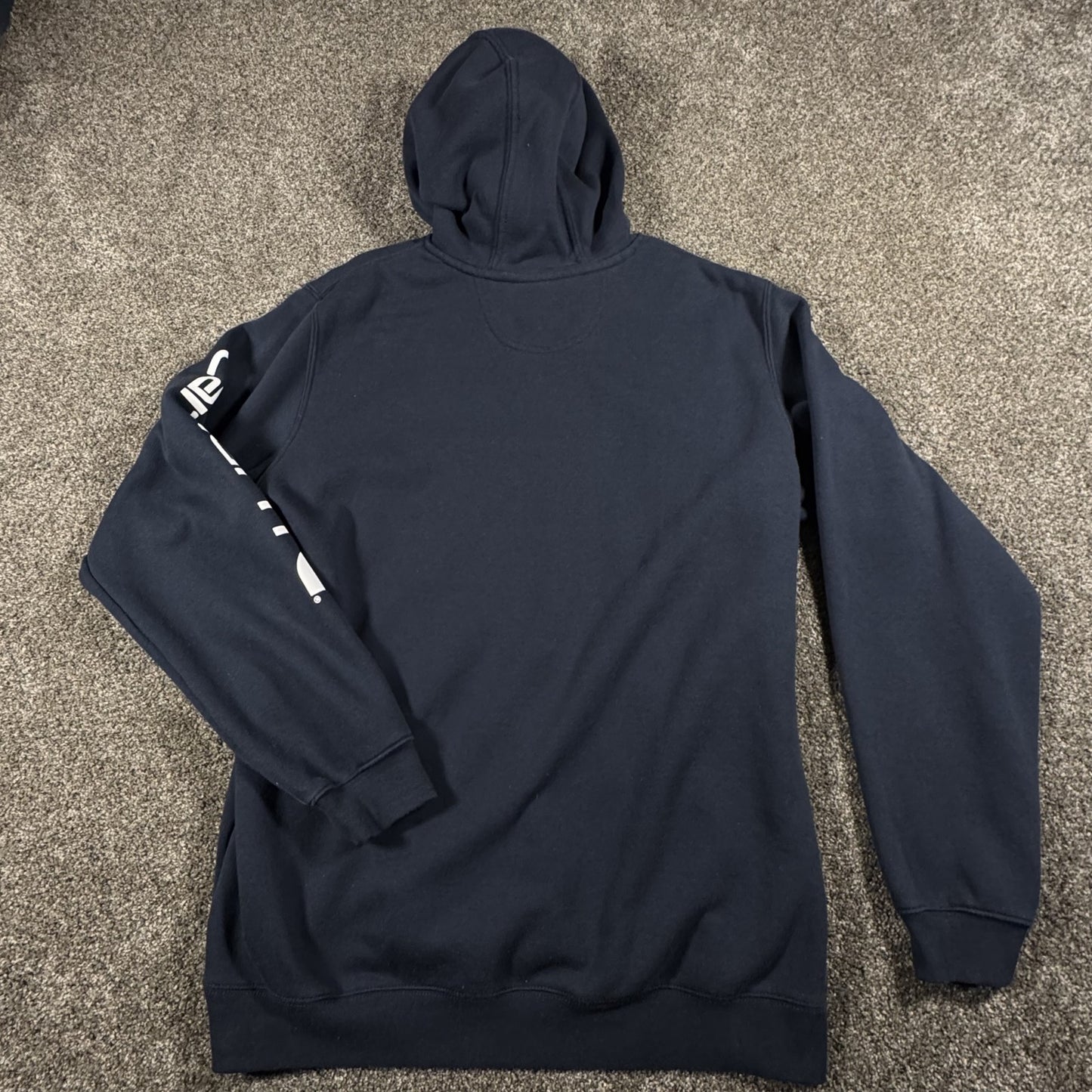 Carhartt Mens Hoodie Pullover L Tall Loose Fit Navy Spellout Sweatshirt