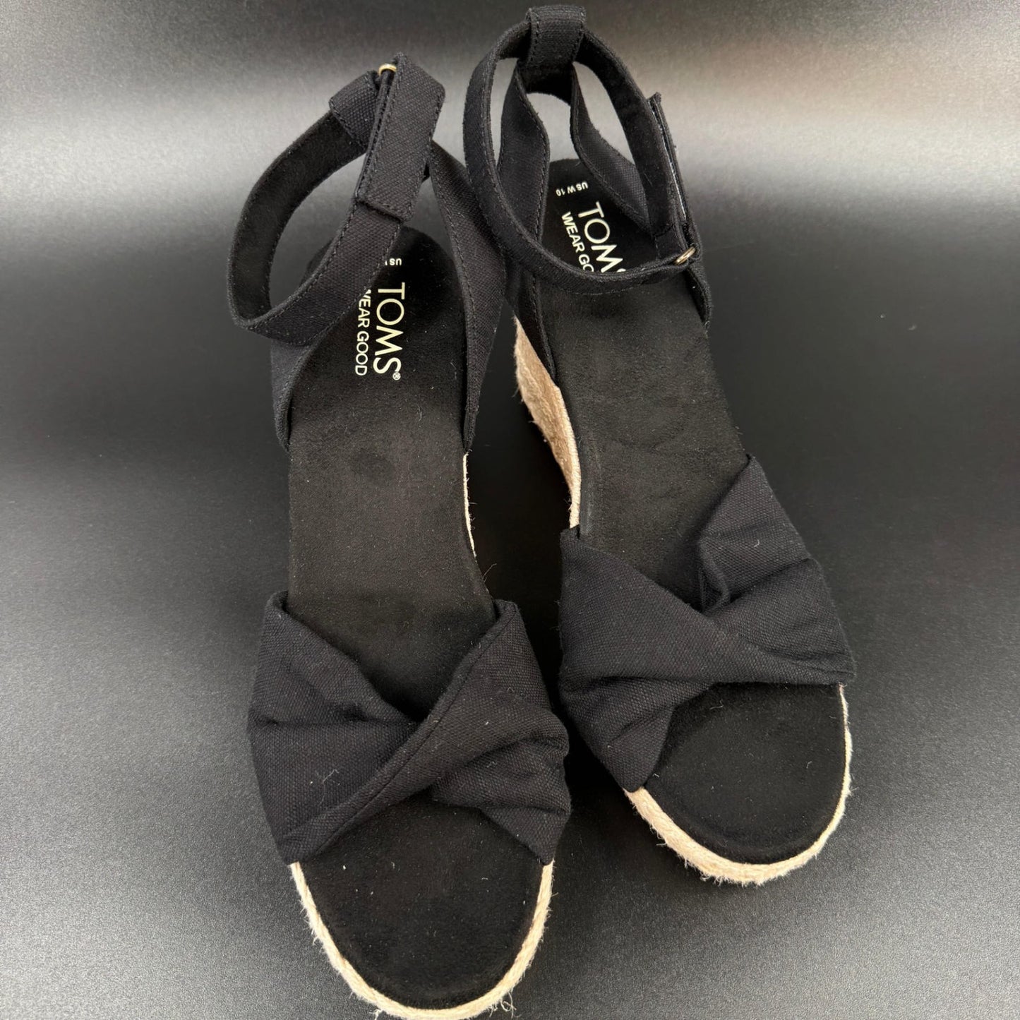 Toms Womens Wedge Sandals Espadrille Size 10 Black Ankle Strap Open Toe