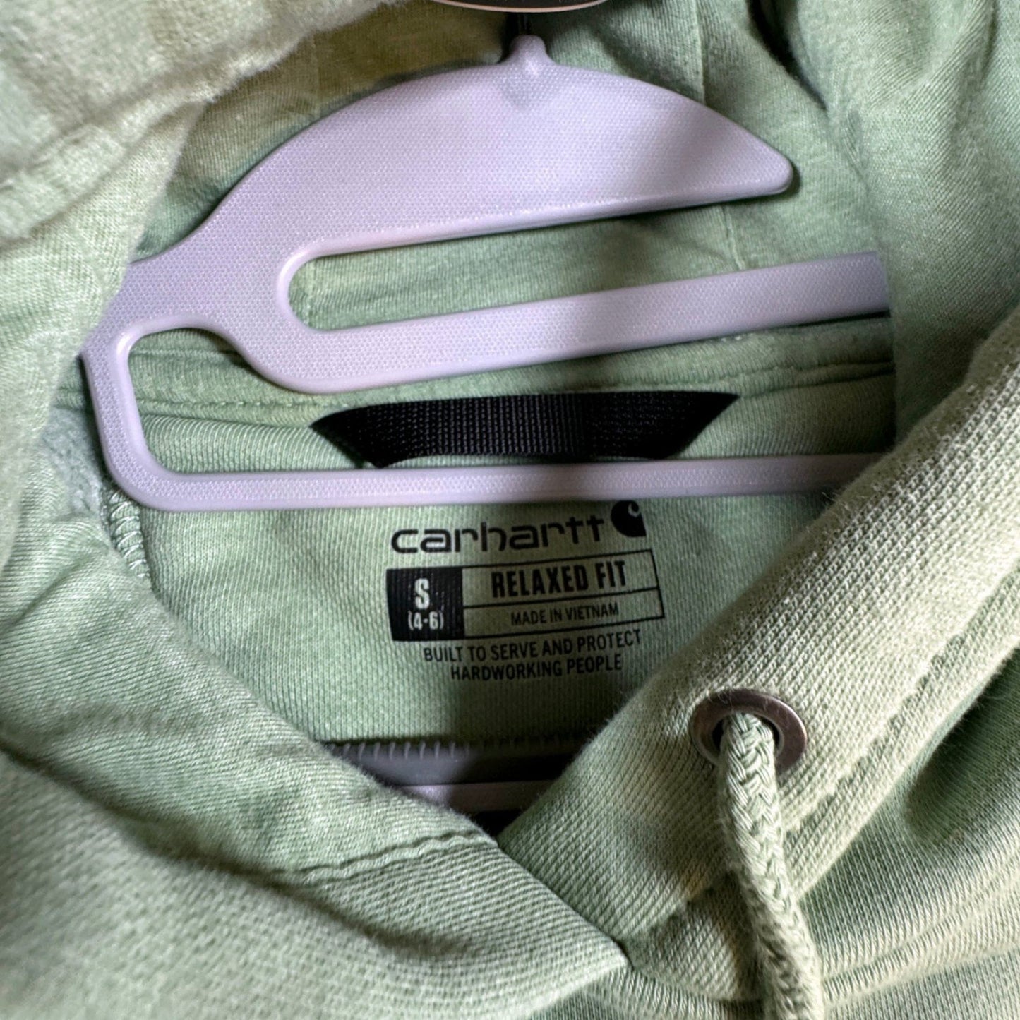 Carhartt Womens Hoodie Sweatshirt S 4-6 Green Relaxed Fit Clarksburg Spellout