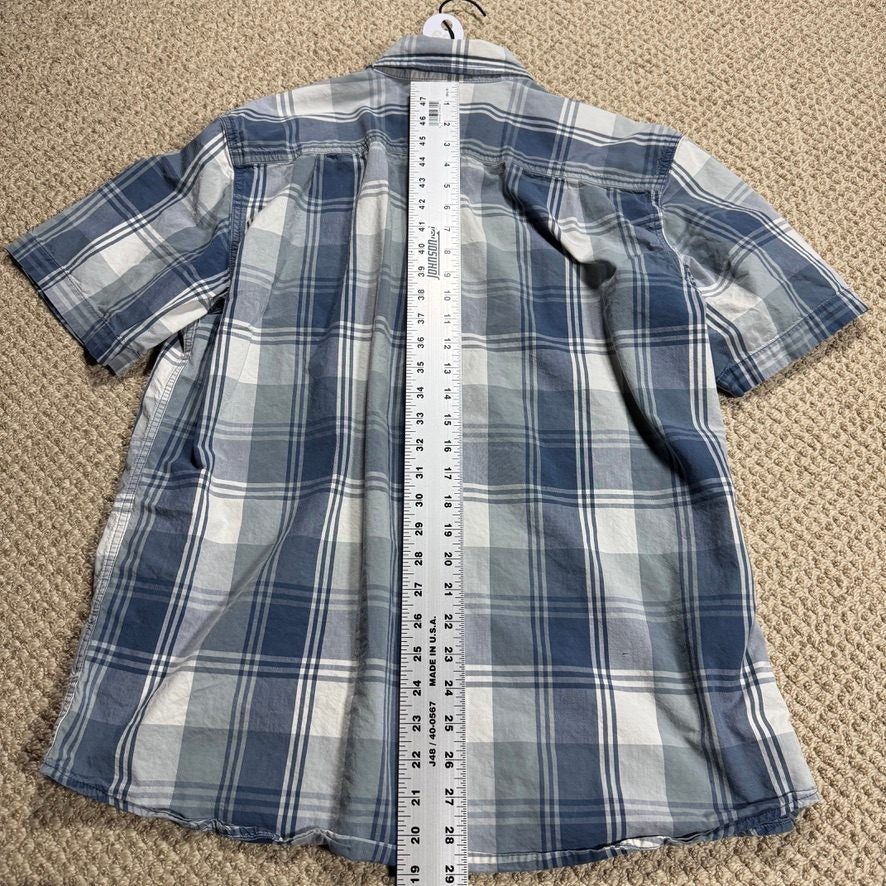 Carhartt Mens Short Sleeve Button Down Shirt L Blue White Plaid Workwear w/Flaws