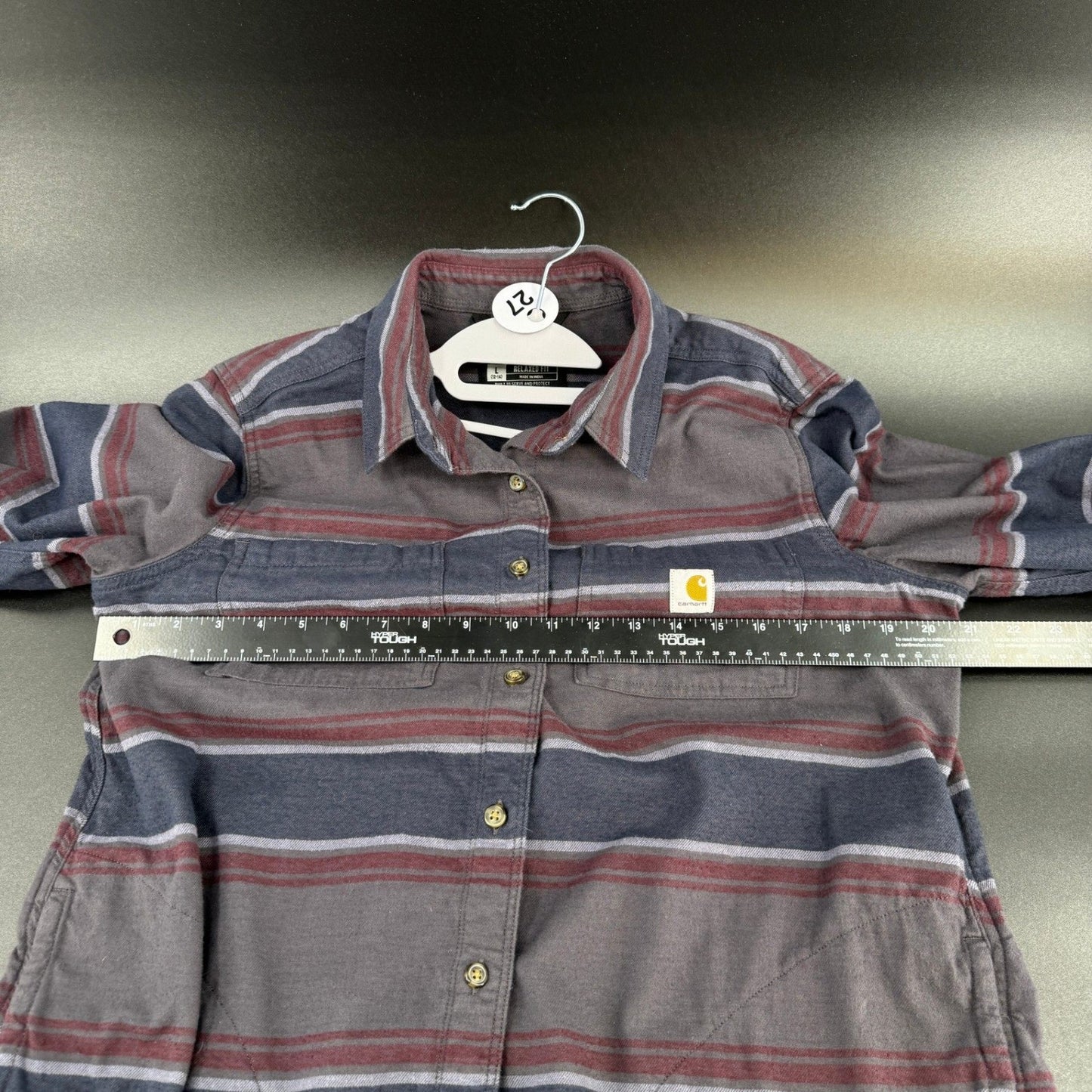 Carhartt Womens L Rugged Flex Flannel Shirt Striped Relaxed Fit Gray Blue Burg