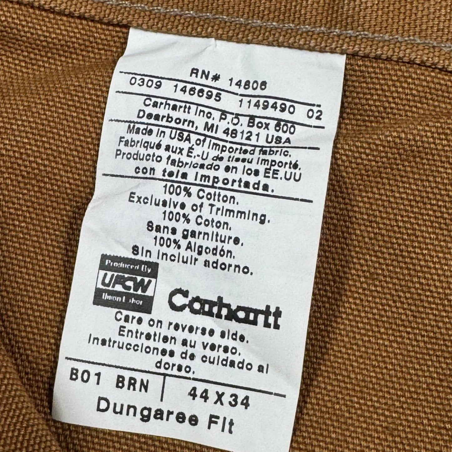 Carhartt Mens B01 Double Knee Work Pants Dungaree Fit 44x34 Brown Cotton Duck