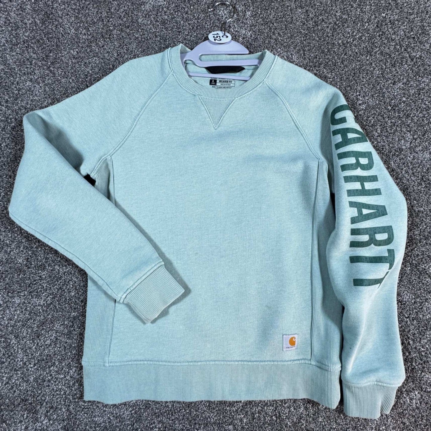 Carhartt Womens Relaxed Fit Sweatshirt Pullover S 4-6 Green Spellout w/Stains