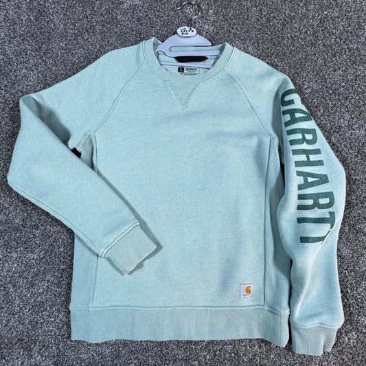 Carhartt Womens Relaxed Fit Sweatshirt Pullover S 4-6 Green Spellout w/Stains