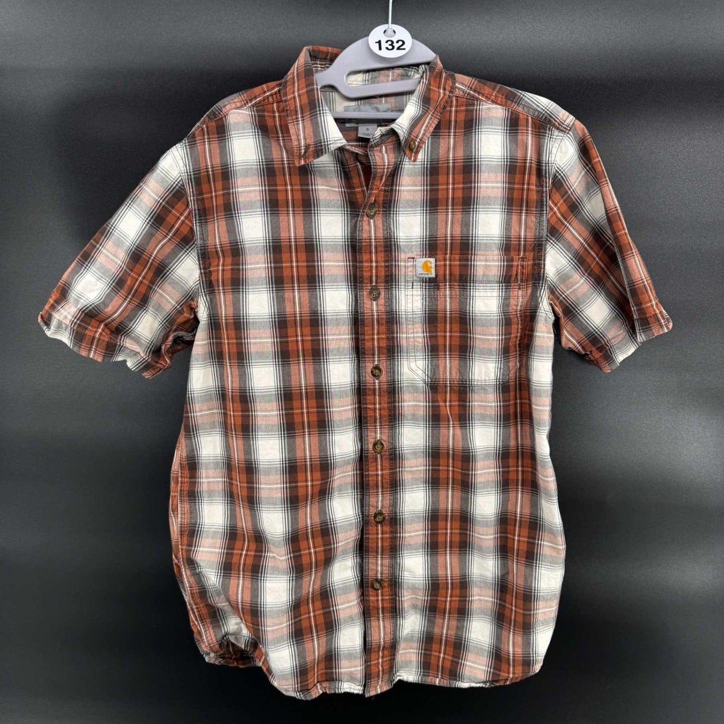 Carhartt Mens S Button Up Shirt Small Orange Plaid Short Sleeve Workwear