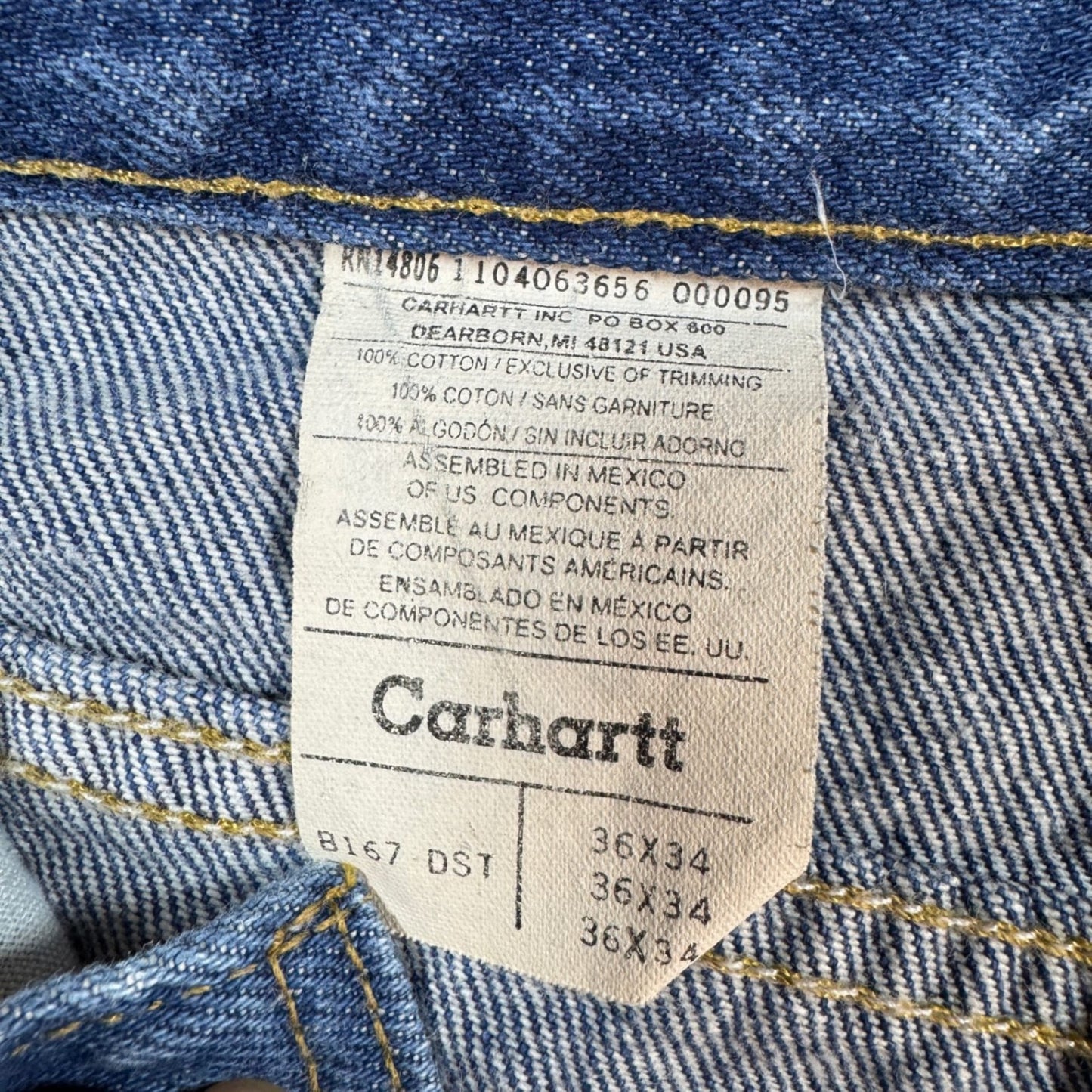 Carhartt Mens B167 DST Jeans 36x34 Blue Denim Relaxed Fit Leather Patch Pants