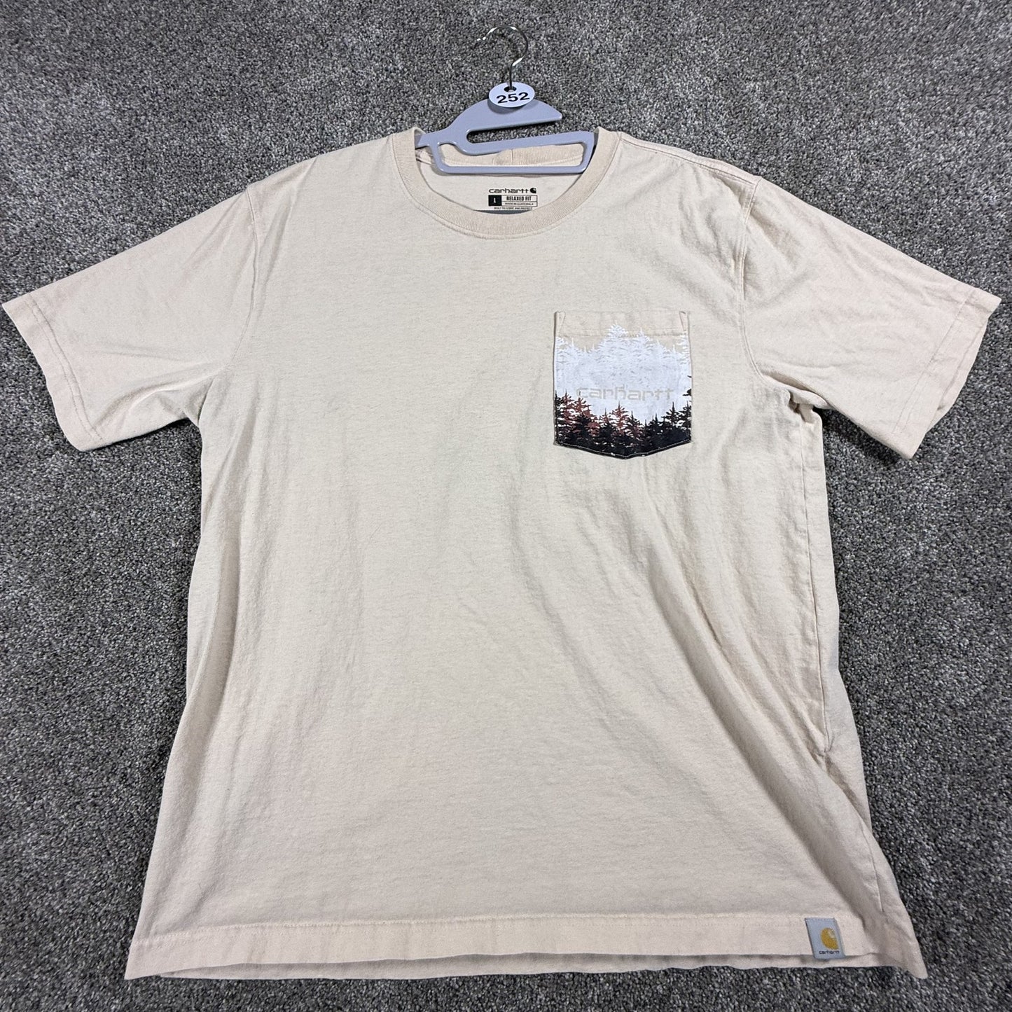 Carhartt Mens L Relaxed Fit Beige Short Sleeve Pocket Graphic T Shirt Forest