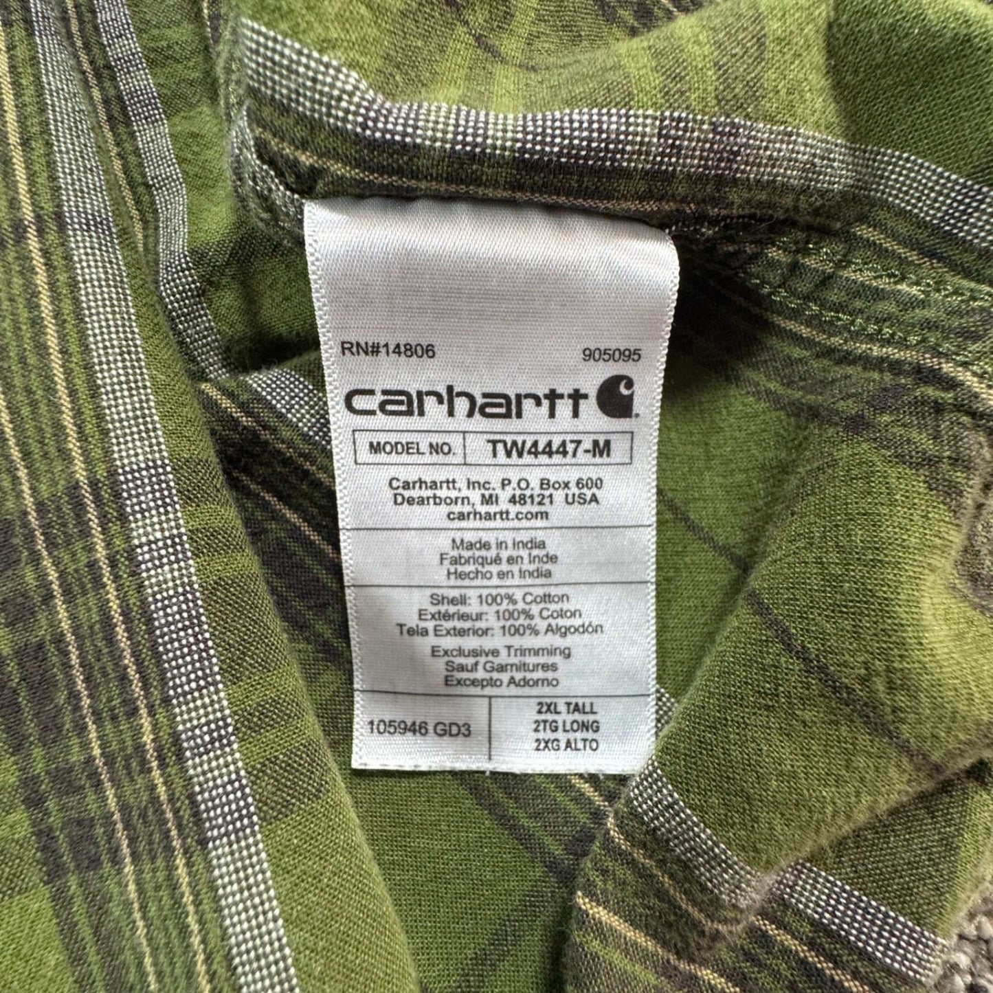 Carhartt Mens Long Sleeve Flannel Shirt 2XL Tall Green Plaid Work Loose Fit