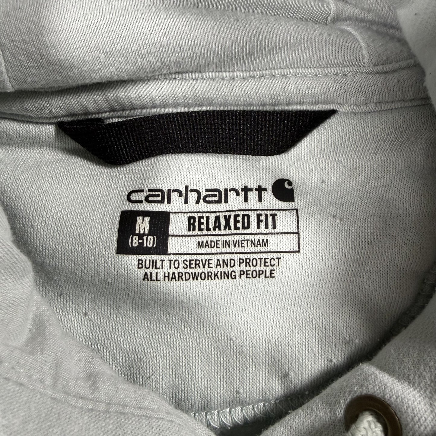 Carhartt Womens Hoodie M 8-10 Relaxed Fit Light Blue Gray Spellout Light Stains