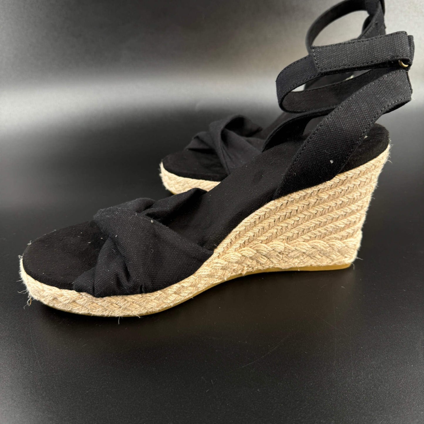 Toms Womens Wedge Sandals Espadrille Size 10 Black Ankle Strap Open Toe