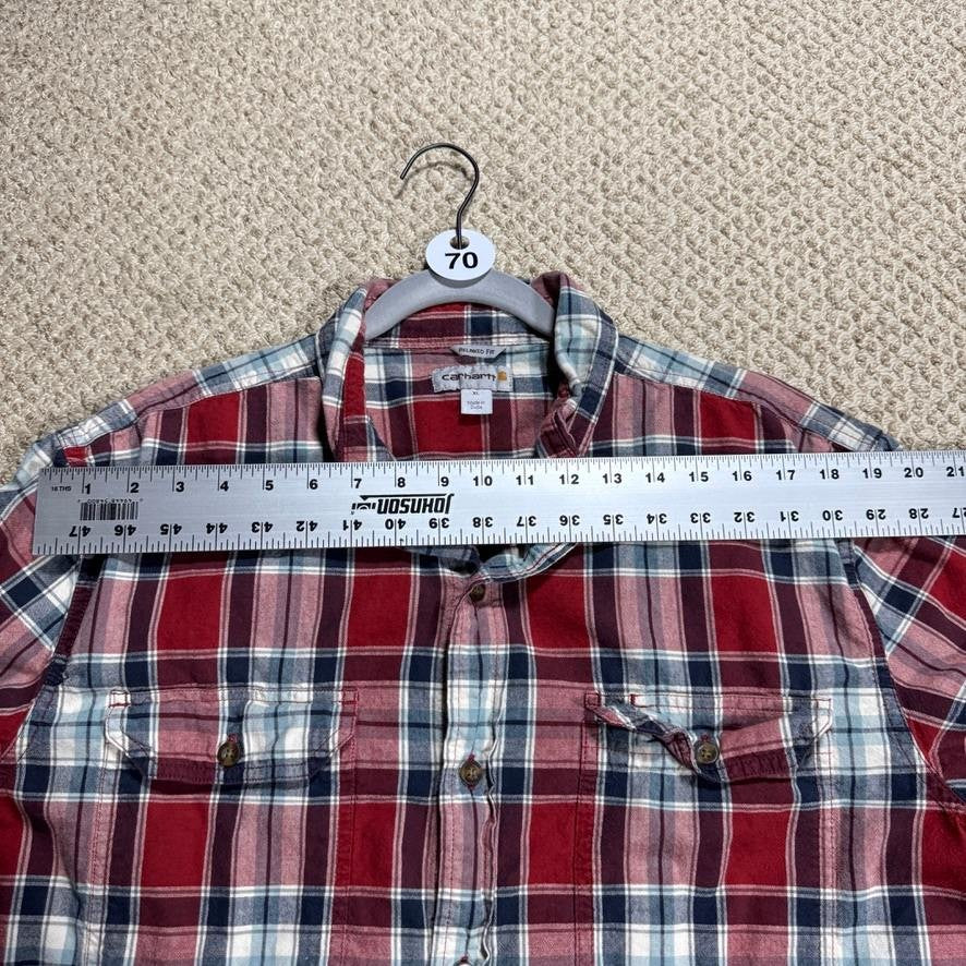 Carhartt Mens Relaxed Fit Plaid Button Up Shirt XL Red Blue Short Sleeve