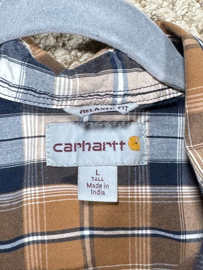 Carhartt Mens Short Sleeve Button Up Shirt L Large Tall Brown Plaid Relaxed Fit