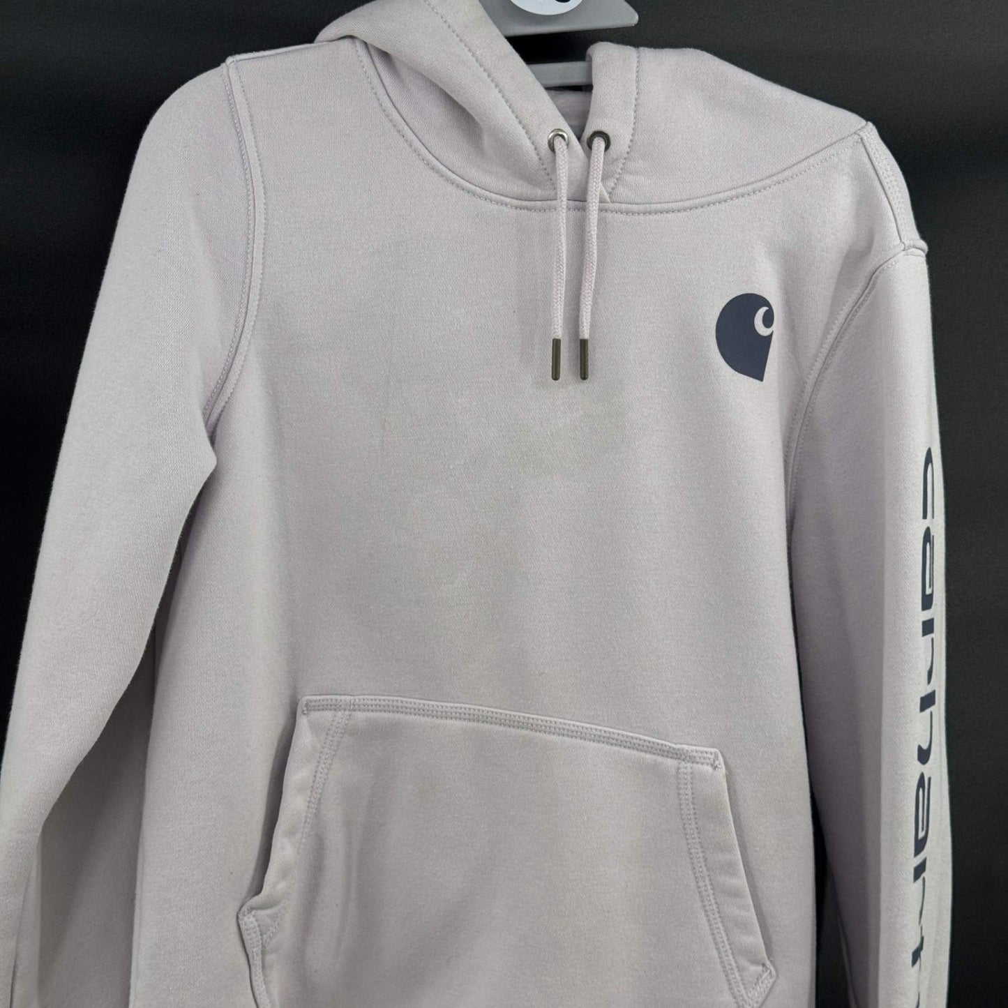 Carhartt Womens Hoodie Sweatshirt S Purple Clarksburg Spellout Stained