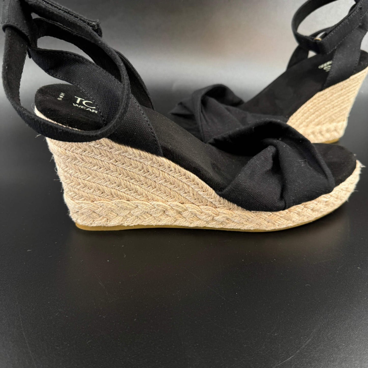 Toms Womens Wedge Sandals Espadrille Size 10 Black Ankle Strap Open Toe
